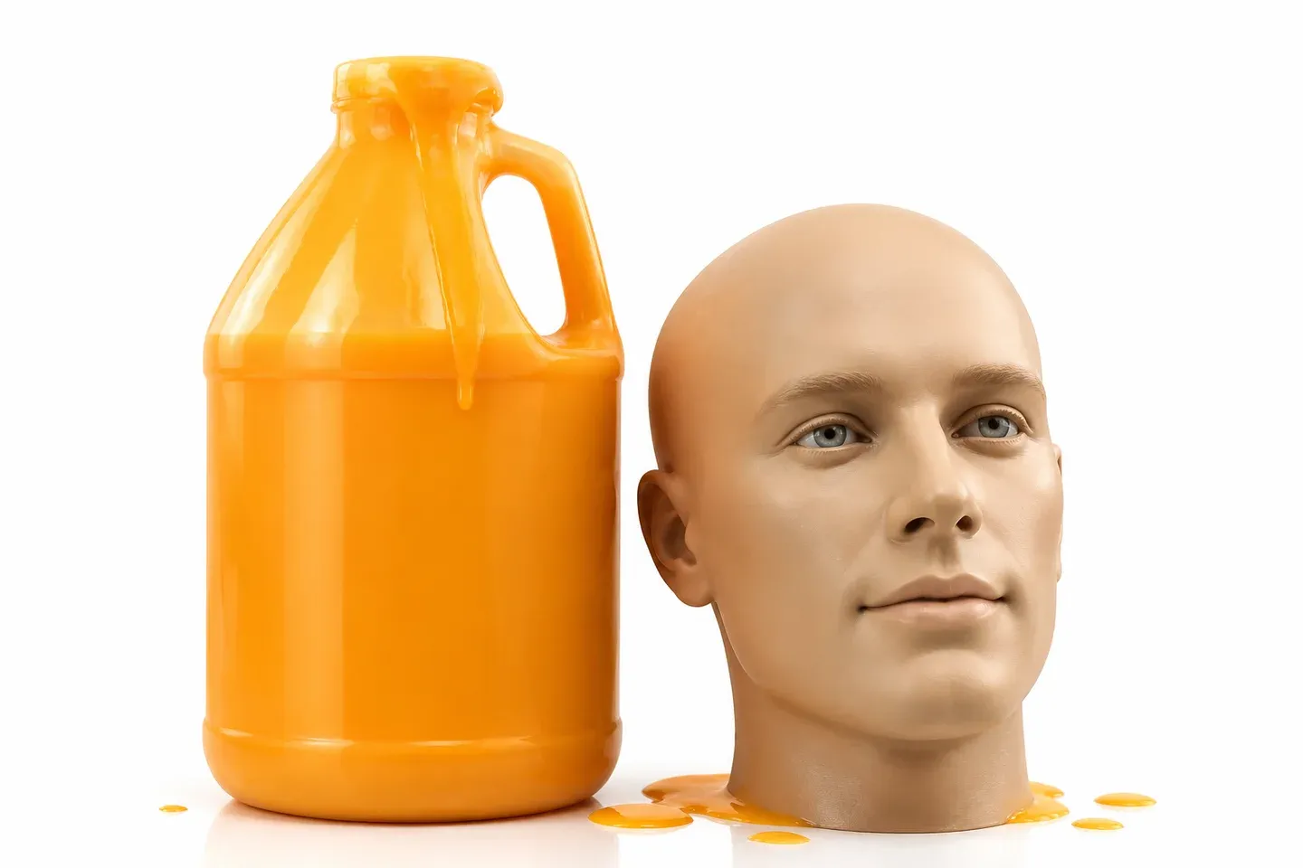 Commercial photo of nacho cheese jug beside a blank mannequin head.