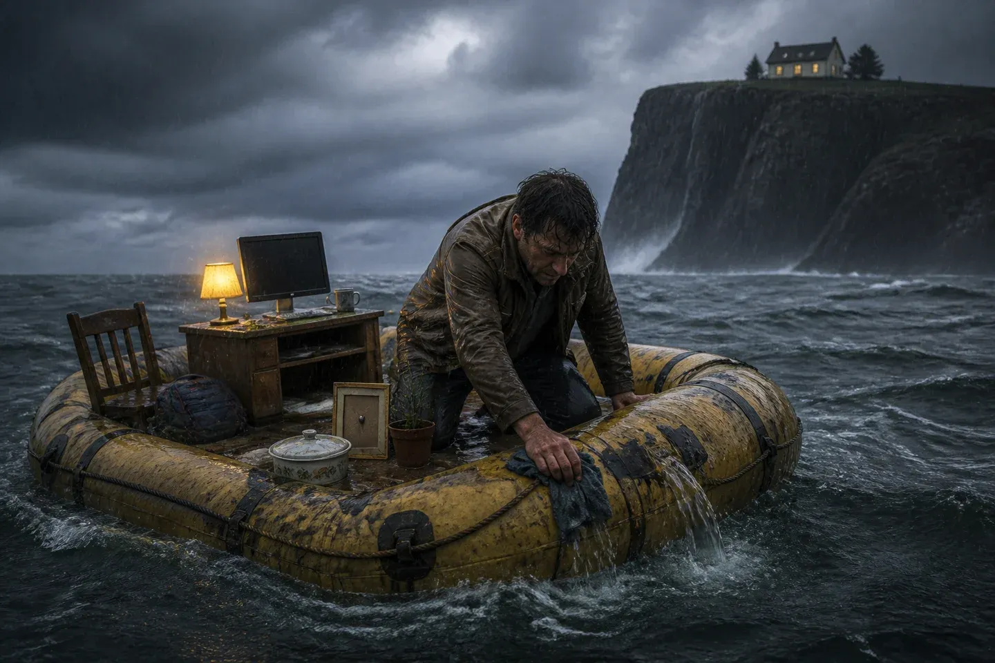 A person patches a leaking raft furnished like an office and home during a flood.