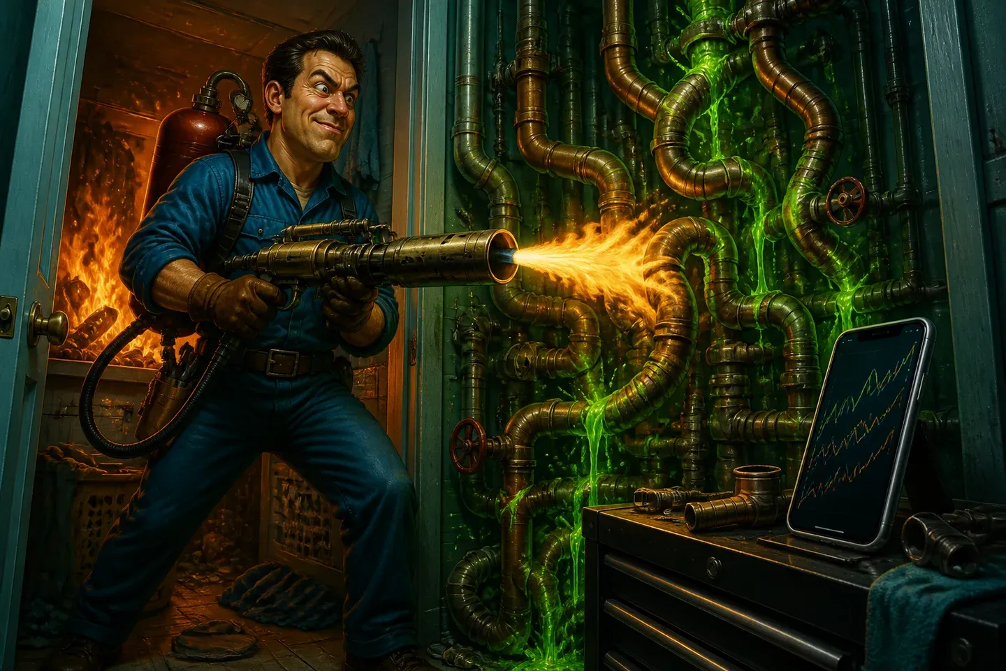 A plumber uses a flamethrower on a burst pipe beside a glowing smartphone.