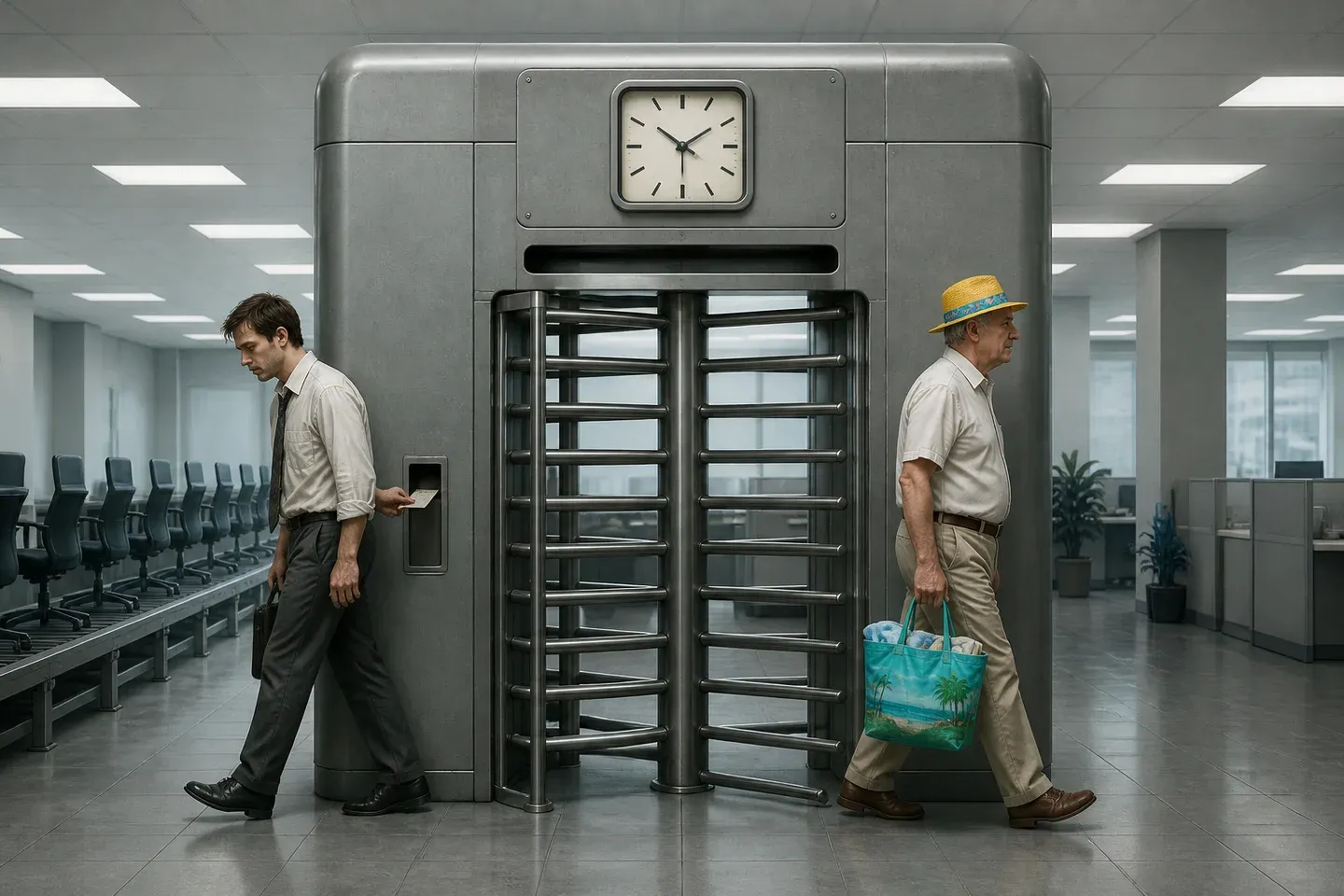 A worker exits a giant time clock as an elderly person holding a sunhat.