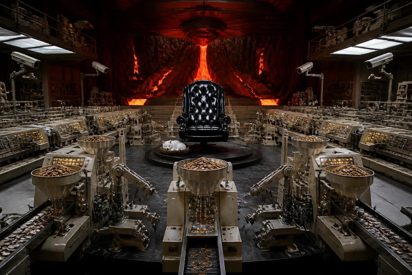 An empty volcano lair contains an automated machine collecting coins.