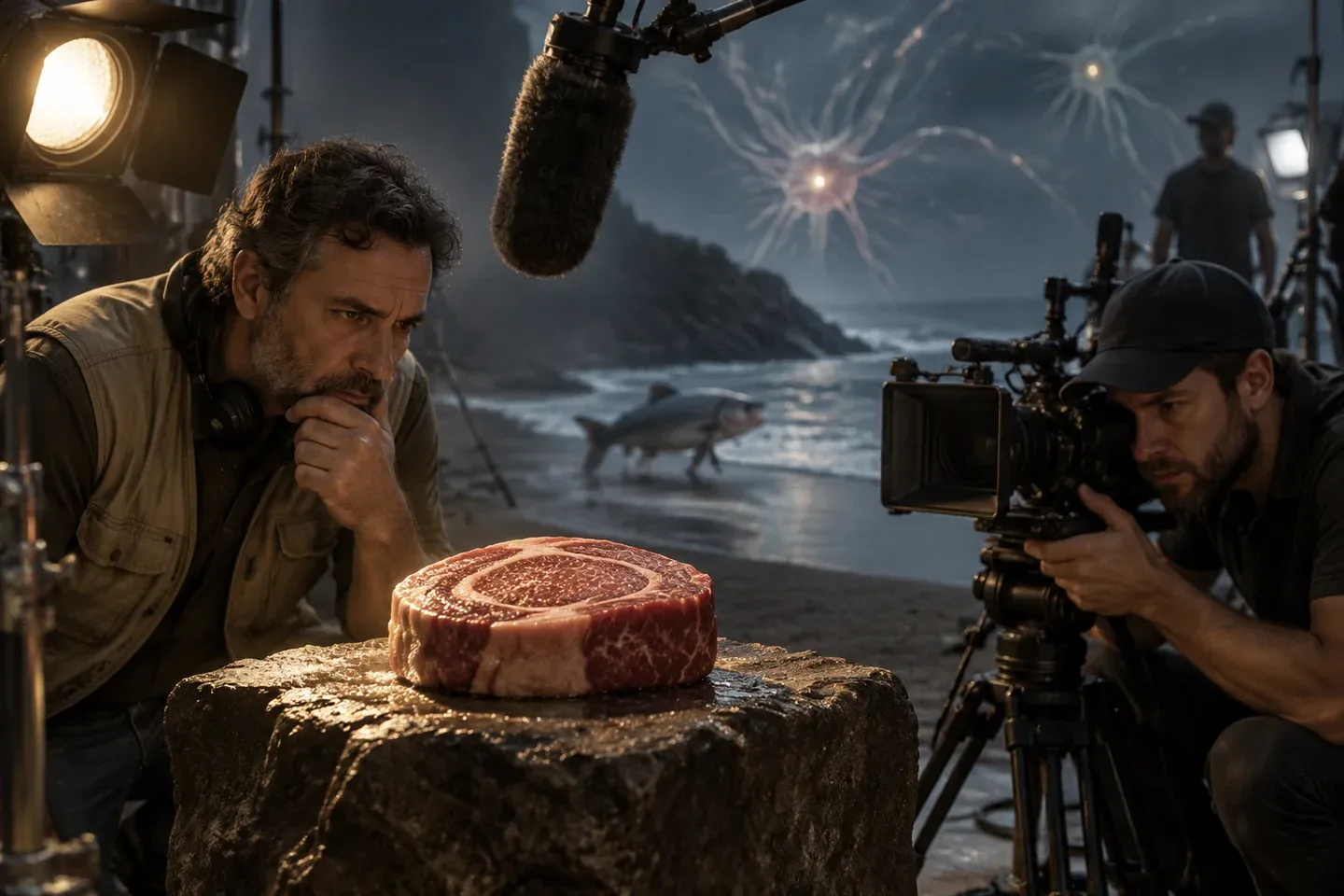 A film crew films a raw steak while ignoring evolution behind them.
