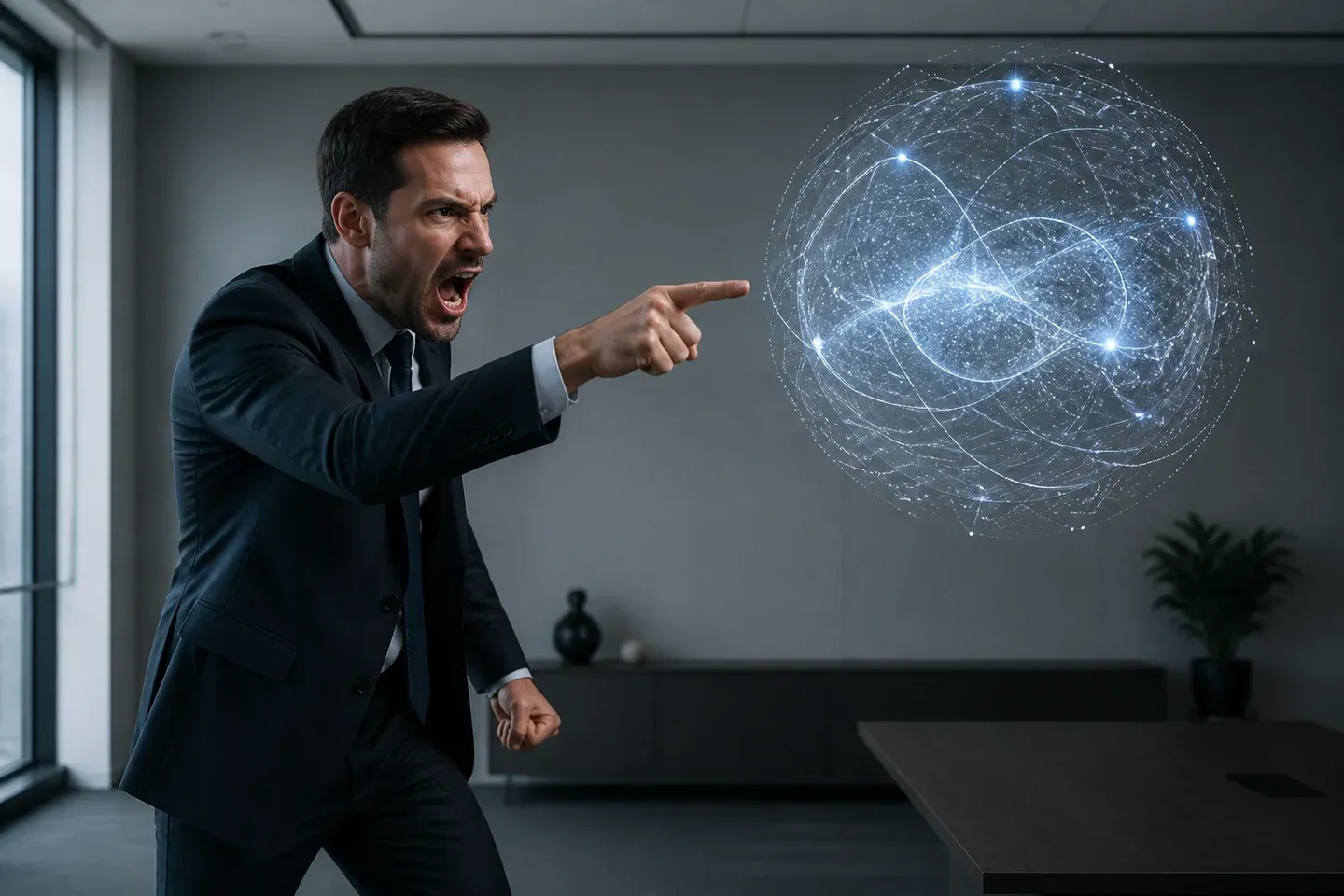 A calm person angrily scolds a floating cloud of glowing equations.