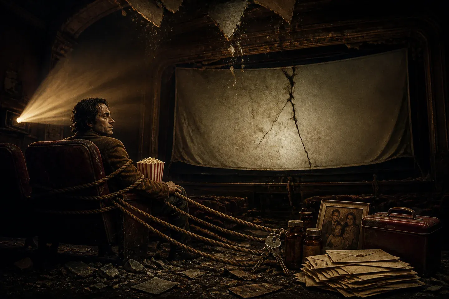 An exhausted moviegoer is chained to a theater seat amid bills and family photographs.