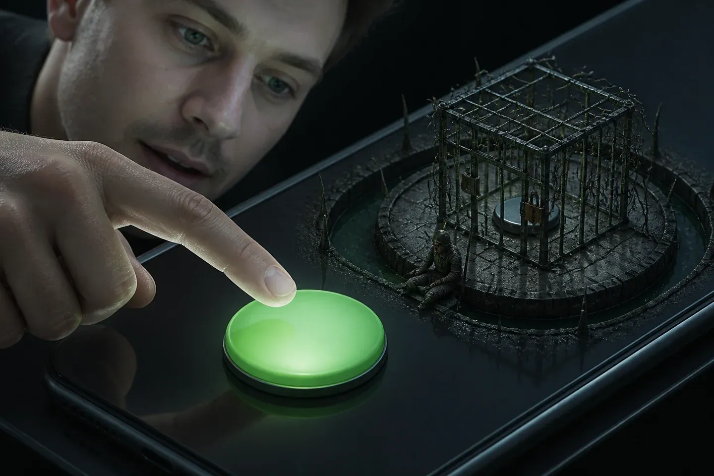A person reaches for a giant glowing button while a tiny button sits behind bars.
