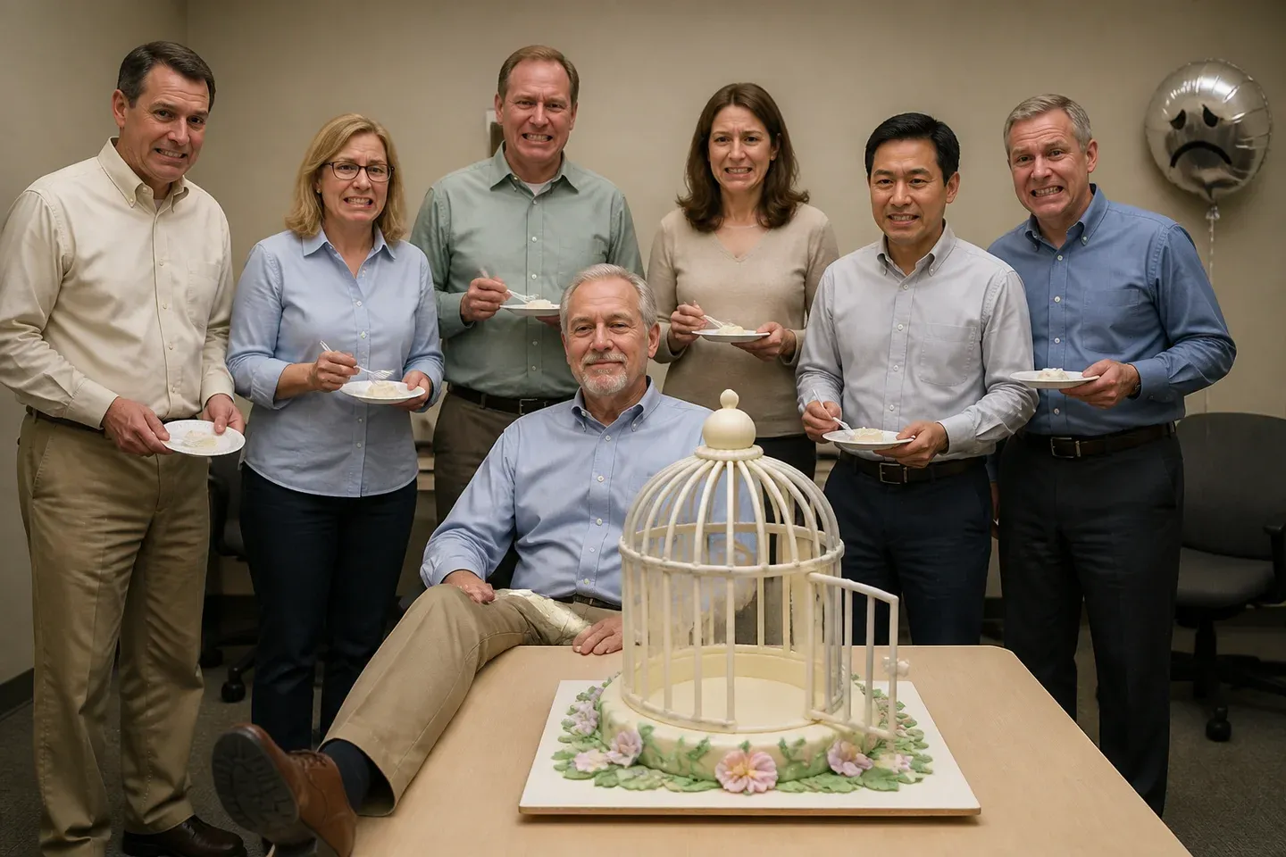 Office coworkers pose around a retirement cake shaped like an open cage.