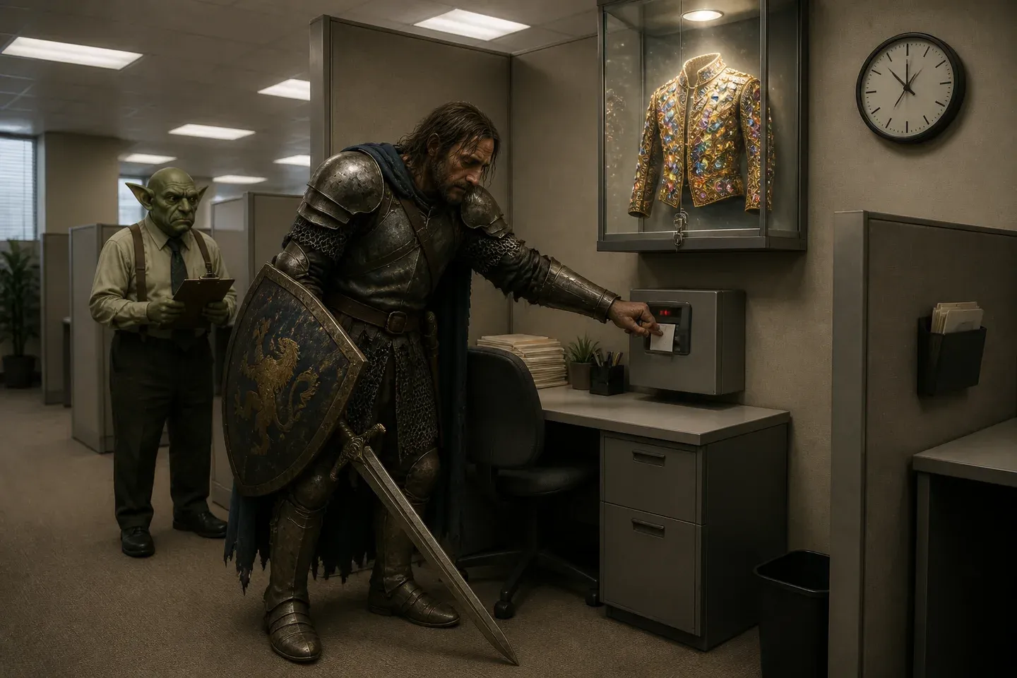 A fantasy warrior clocks into an office while a jacket hangs behind glass.