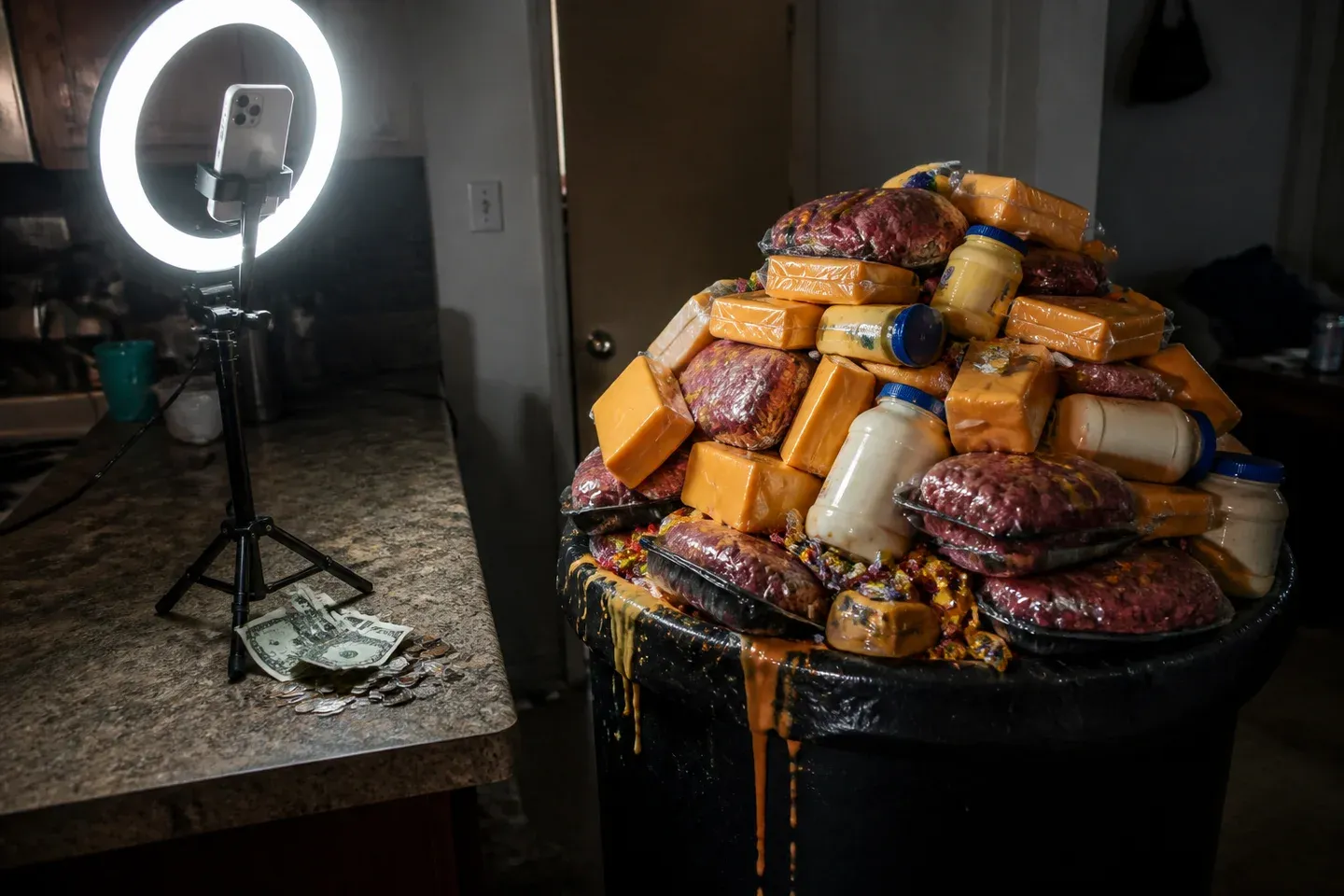 Ring light glowing over a trash can stuffed with unused grocery sludge.