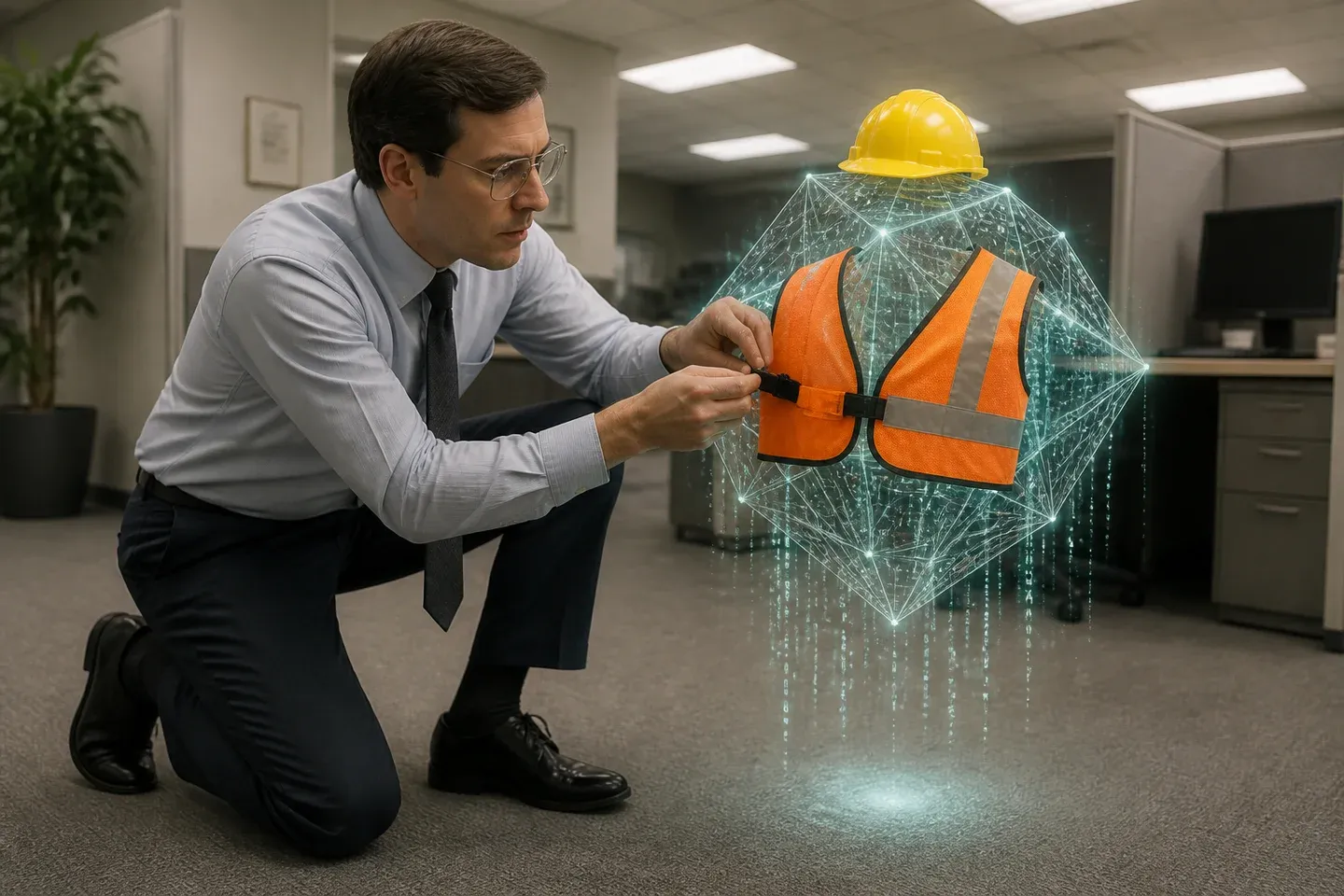 A serious person puts a tiny safety vest on a glowing math core.