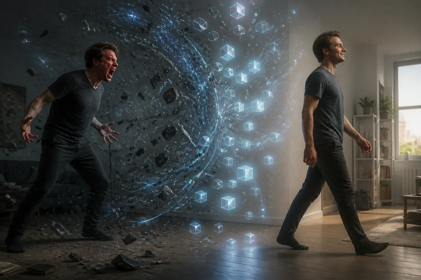 A person screams at reforming math holograms then walks away refreshed.