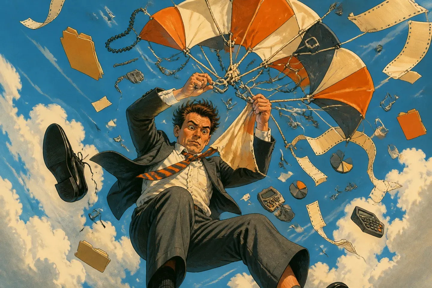 A suited worker assembles a parachute from folders while falling through clouds.
