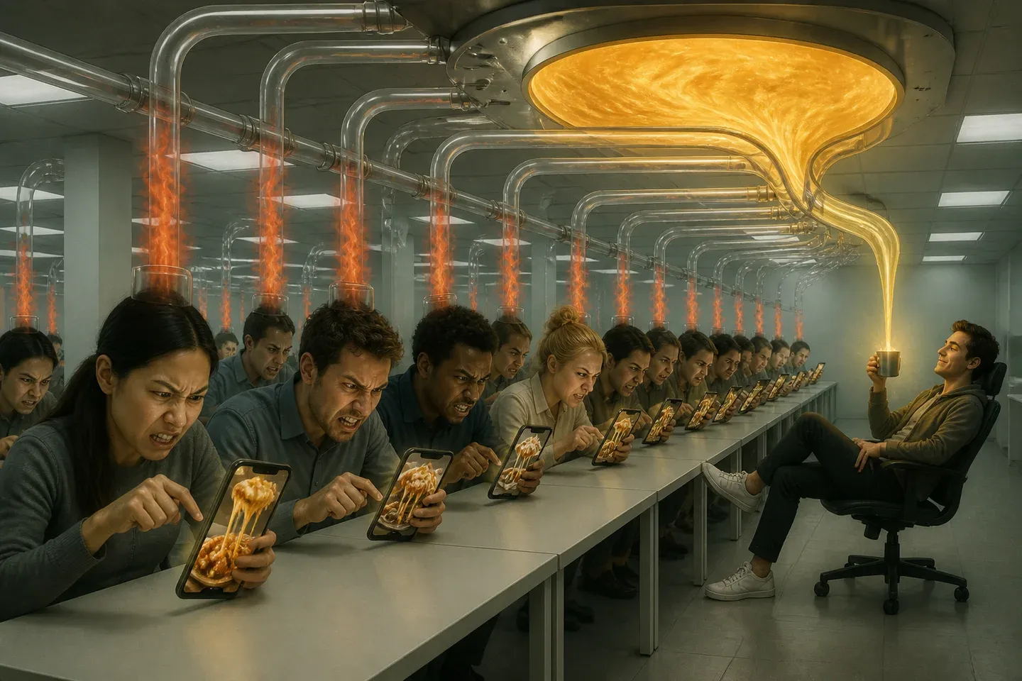 Office workers rage at phones while golden energy is piped upward.