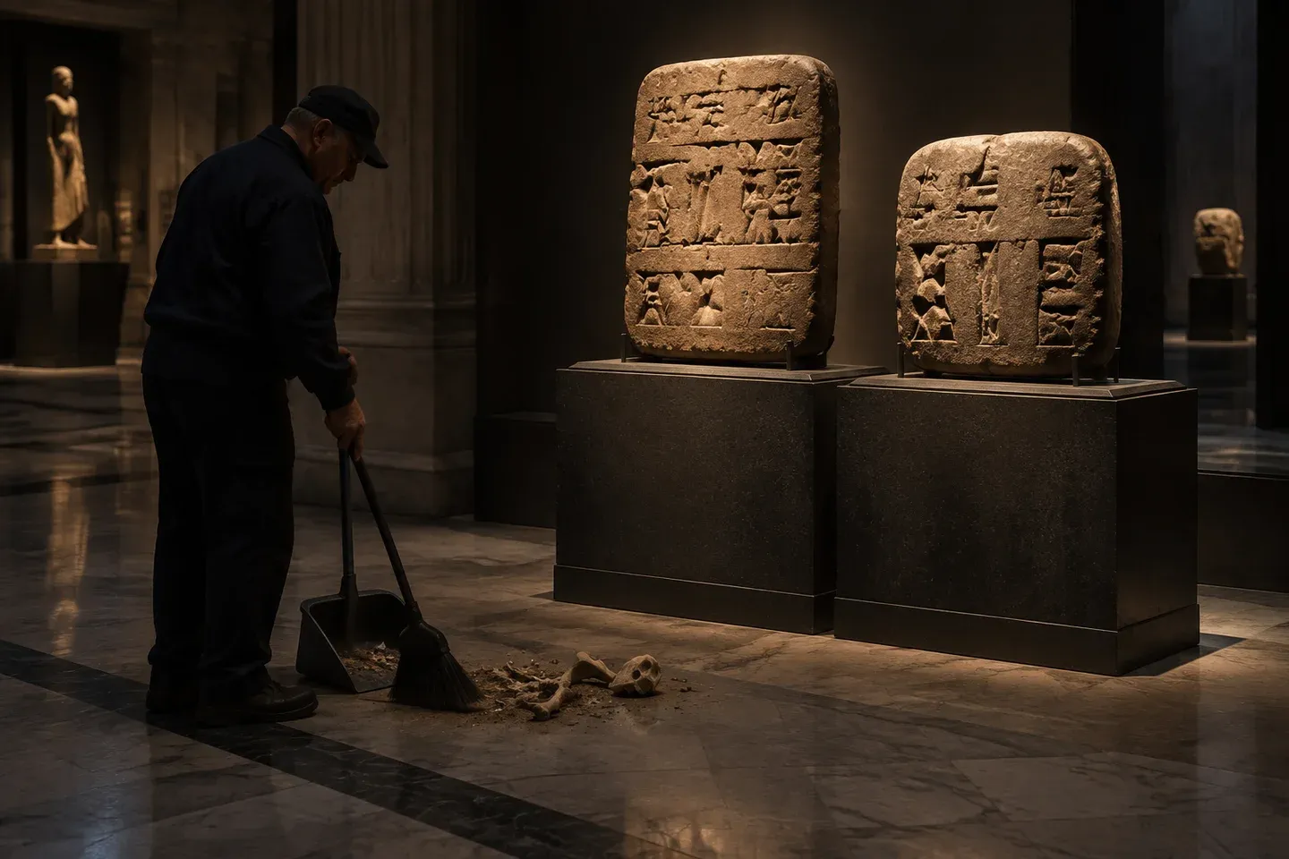 Lit clay tablets sit intact in a museum while a janitor sweeps bone dust.