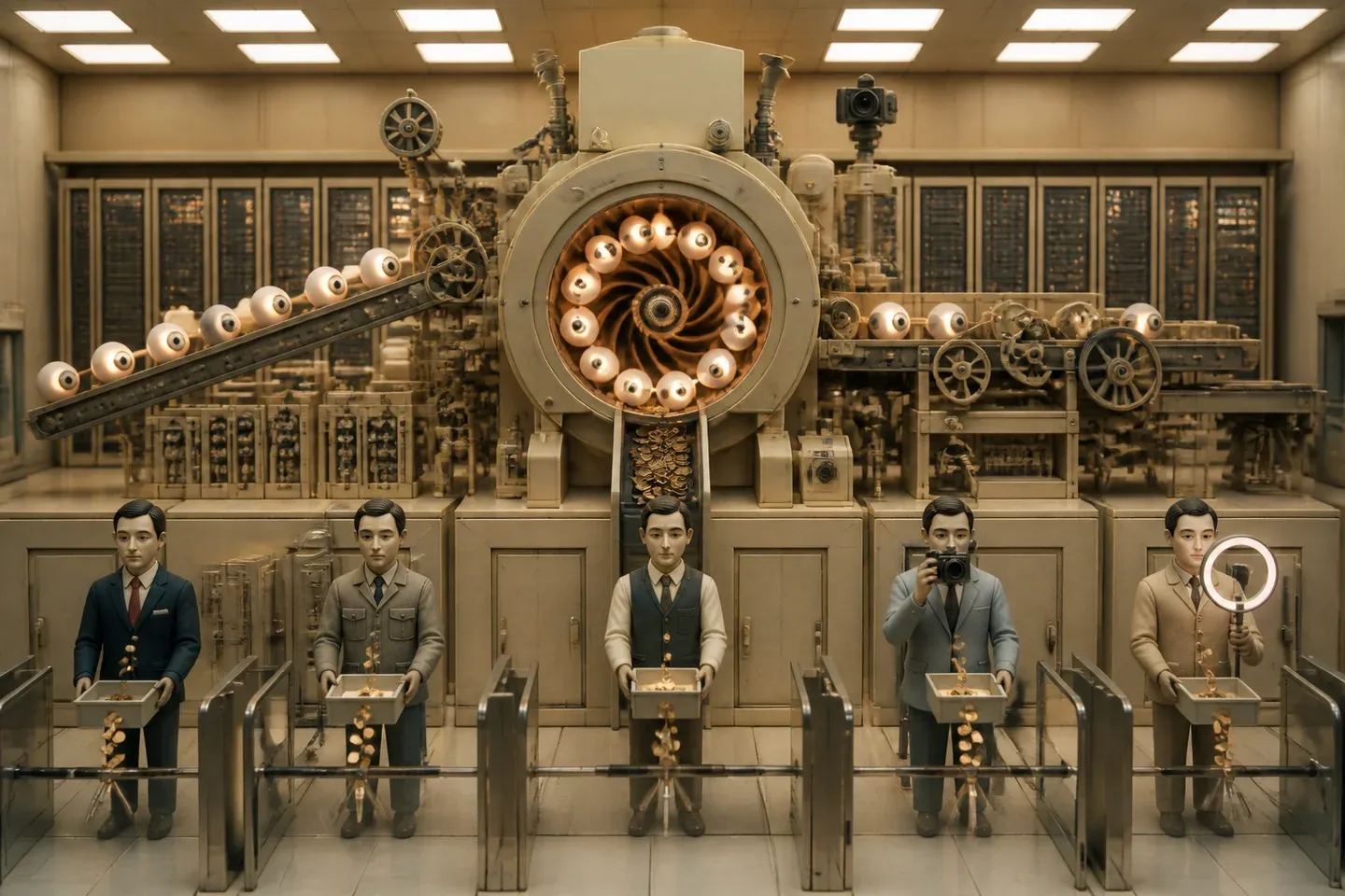 Business figures stand around a machine converting glowing eyeballs into spinning coins.