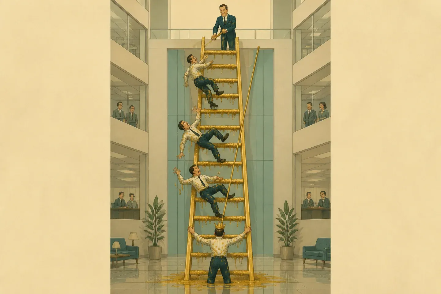 Workers brace a greasy ladder while an executive crowns the ladder holder.