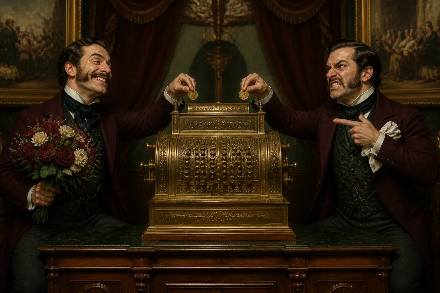 Identical twins with opposite expressions feed coins into the same cash register.