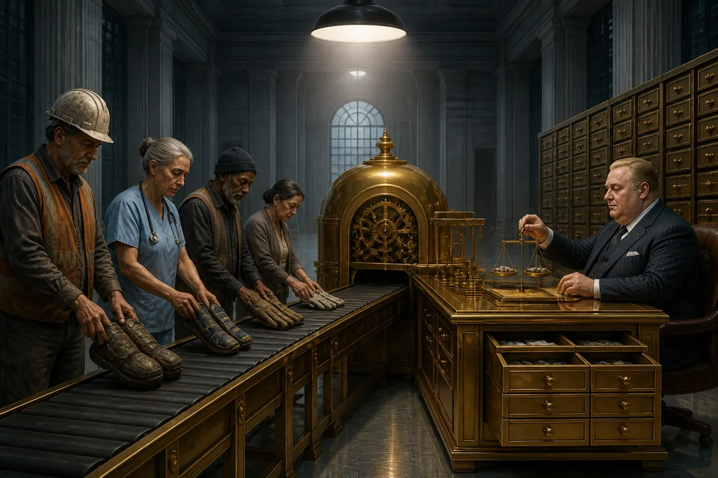 Tired workers place knee braces into a brass machine operated by a suited clerk.
