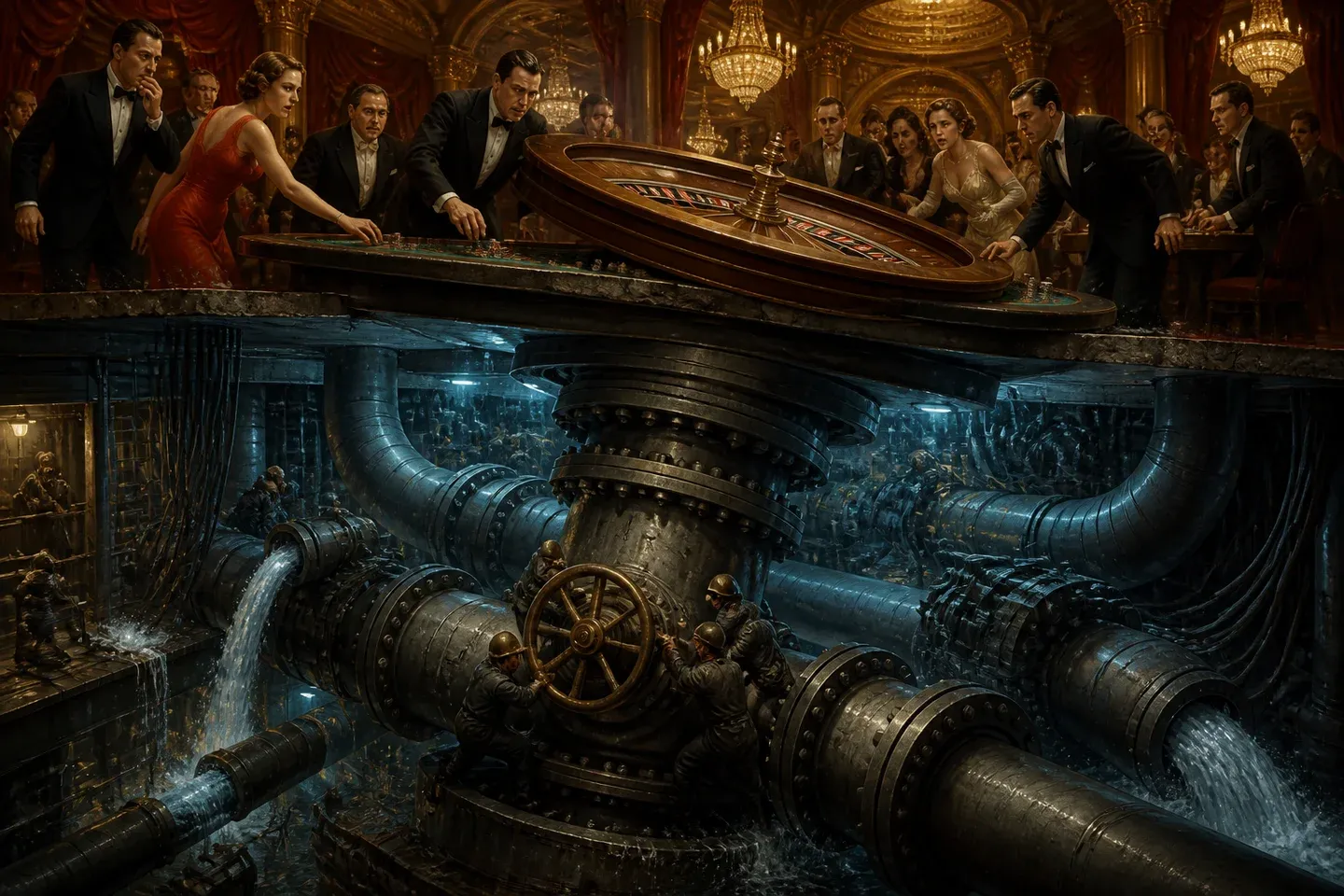 Casino patrons watch workers repair huge pipes beneath a roulette table.