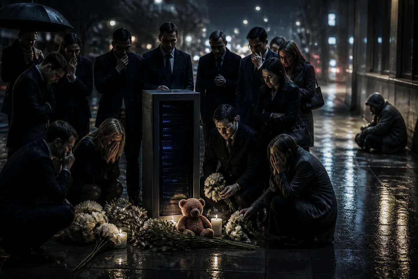 People mourn a glowing server while ignoring a person in need nearby.