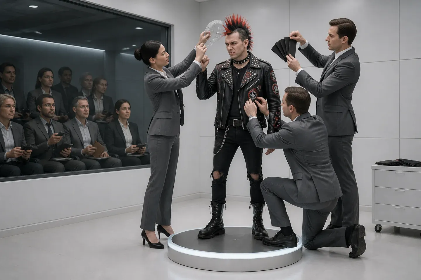 Brand consultants adjust a leather-clad rebel inside a corporate focus group.