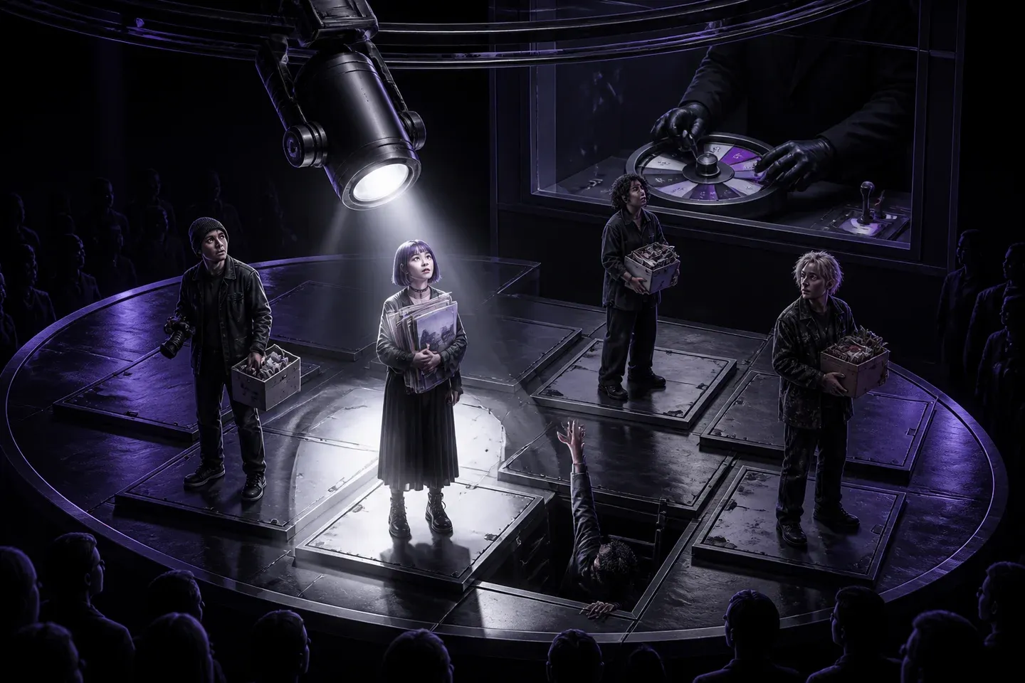 Creators stand on trapdoors while a hidden operator moves a spotlight above them.