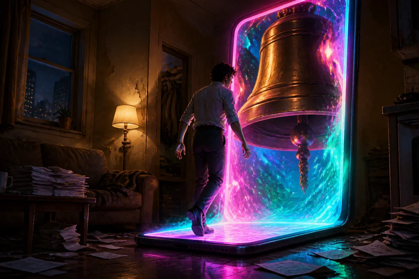 A person steps through a glowing phone portal toward a giant bell in a dark apartment.