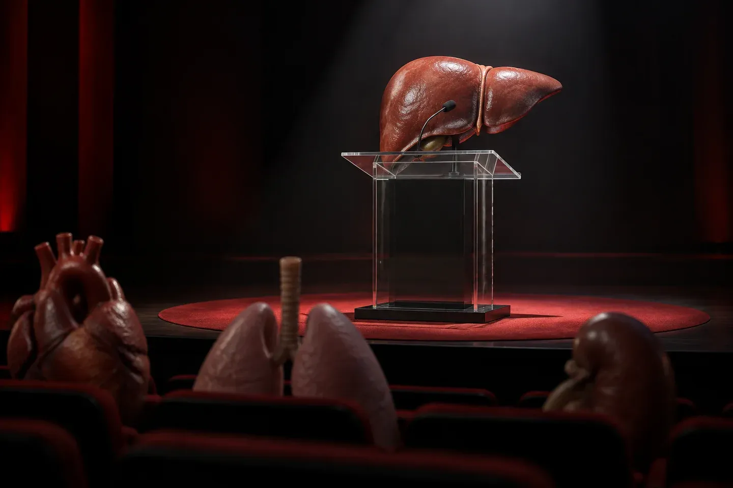 A human liver stands at a lecture podium under a spotlight.