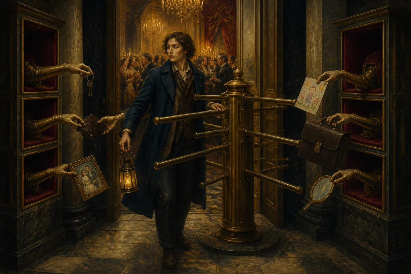 A person leaves a grand building through a turnstile that takes personal belongings.