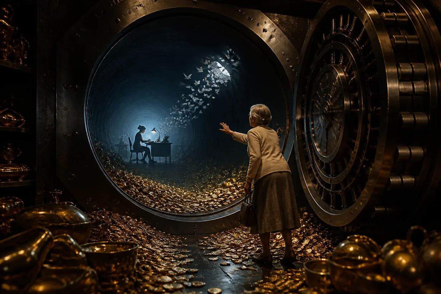 An elderly woman opens a vault containing coins and a distant younger silhouette.