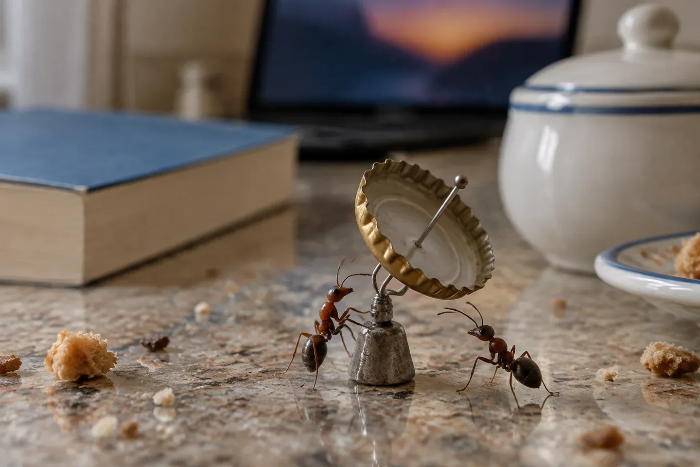 Ants operate a tiny radio telescope on a cluttered kitchen counter.