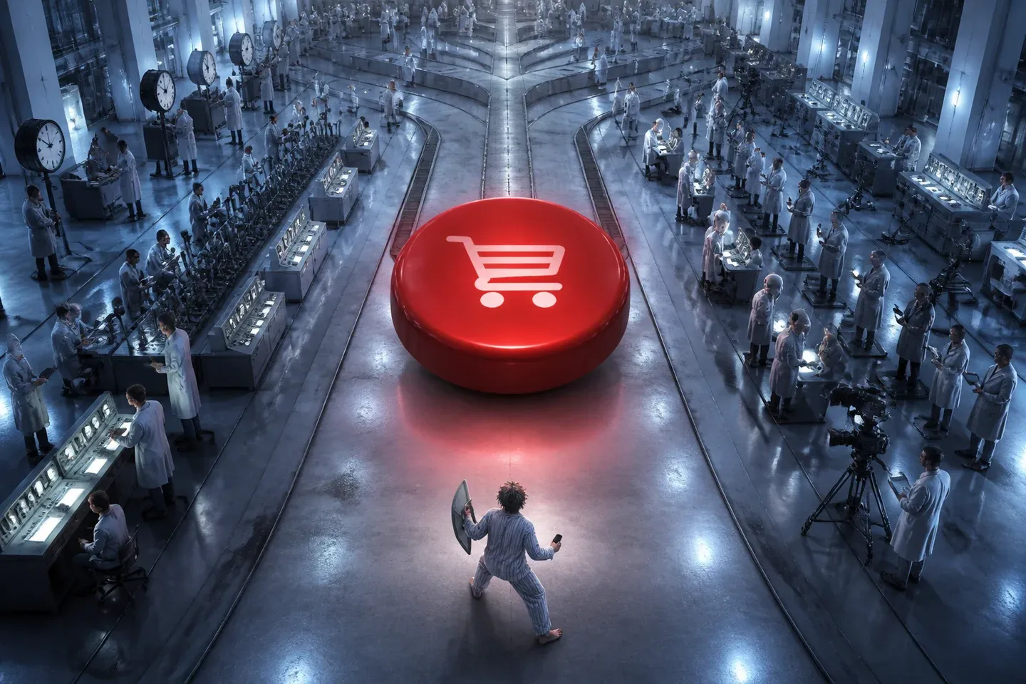 An exhausted consumer faces a vast laboratory engineered around one purchase button.