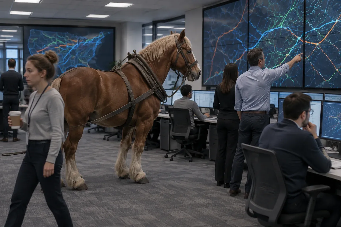 A draft horse stands ignored in the middle of a logistics office.