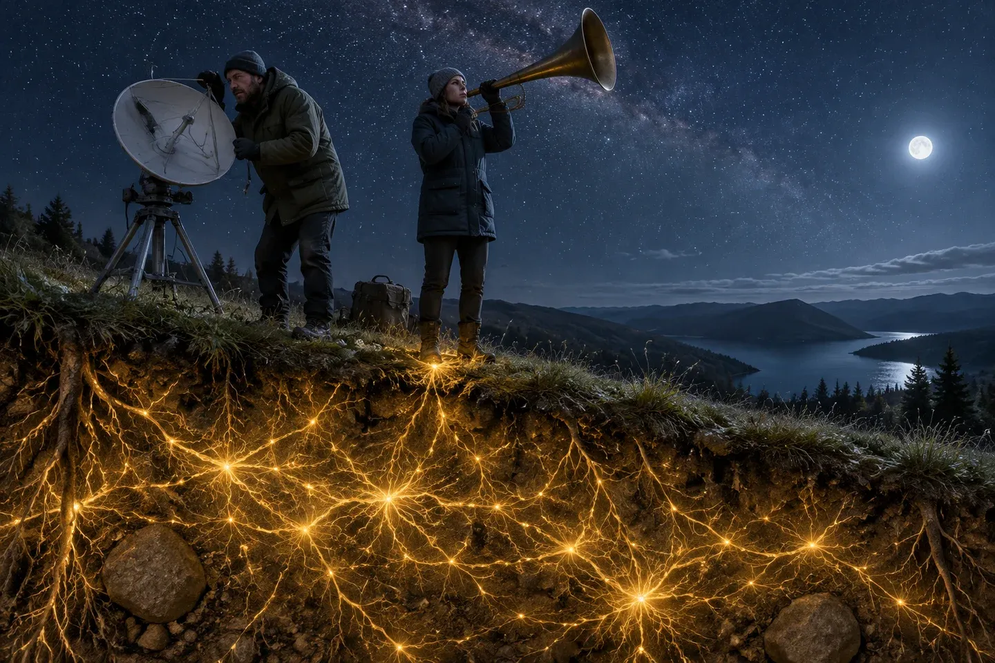 Astronomers study a silent sky while glowing roots light the soil below.